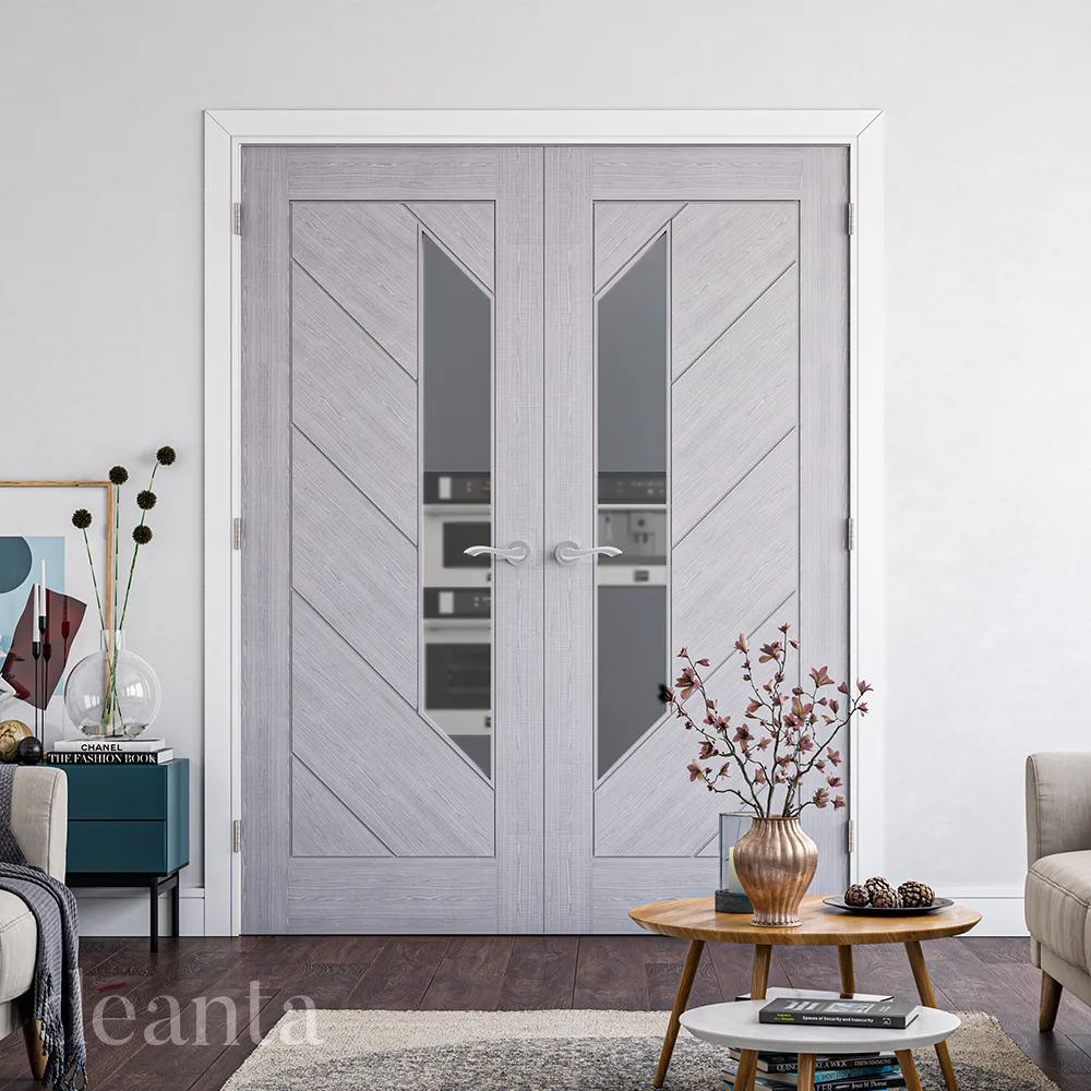 Pair of light grey ash double doors with geometric glazing