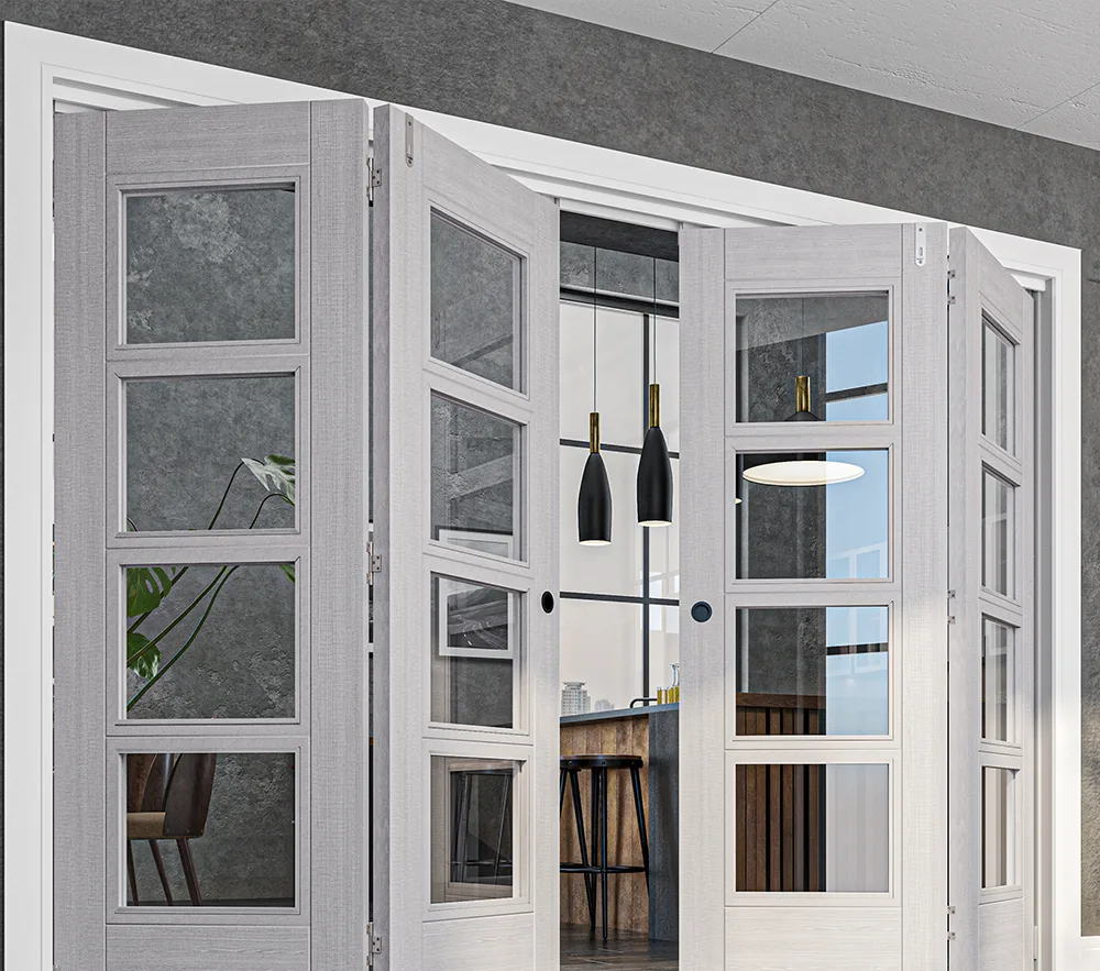 White glazed doors used to create flexible interior storage and living zones